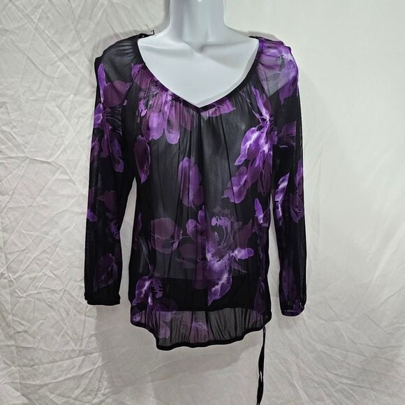 Vintage y2k 90s witchy whimsigoth floral purple chiffon top - Picture 3 of 4